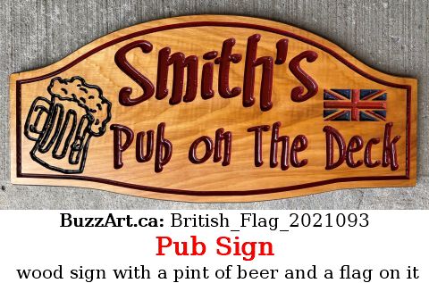 wood sign with a pint of beer and a flag on it